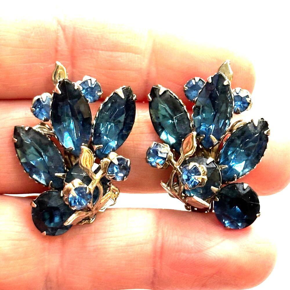 Vintage mid century clip on earrings silver & blue rhinestones dressy statement